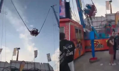 BOMBA! Cabo se rompe em brinquedo radical na Feira de Sevilha, na Espanha, e deixa 4 feridos; vídeo choca o público!